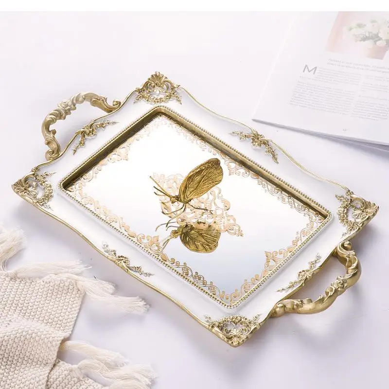 

European-style Shooting Props Ornaments Essential Oil Jewelry Storage Tray Golden Rectangular Resin Craft Carving
