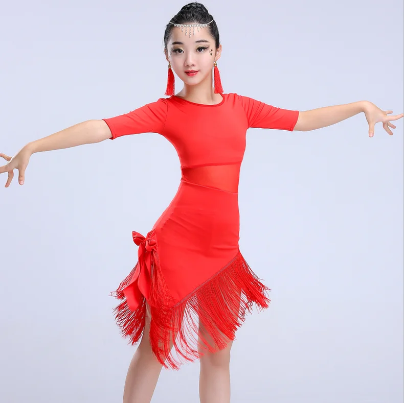 Vestido de baile latino con flecos para niños, traje de baile latino para niñas negras y rojas, trajes de escenario para Tango y Salsa