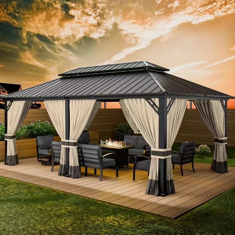 12’x20’ Hardtop Gazebo Outdoor Aluminum Frame Gazebos Galvanized Steel Double Roof Gazebo with Nettings and Curtains