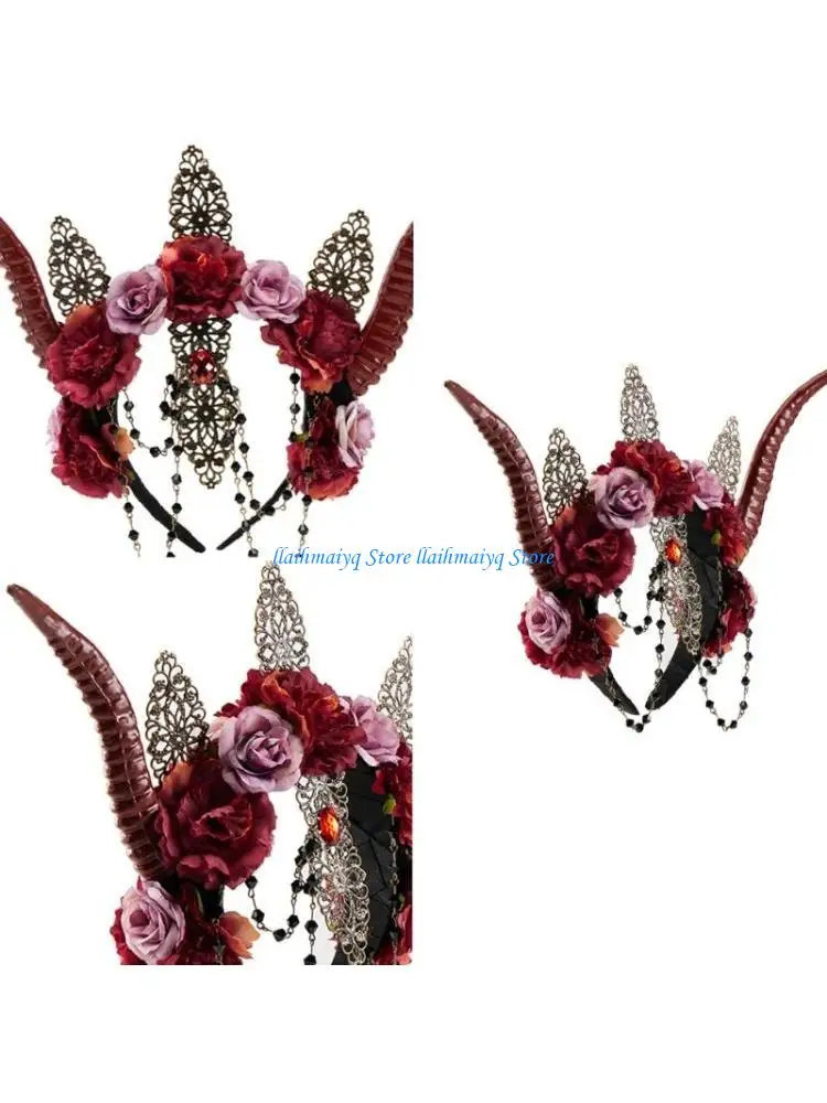 

573B Gothic Devil Horn Hairband Flower Tiaras Headband Girl Halloween Party Hairhoop
