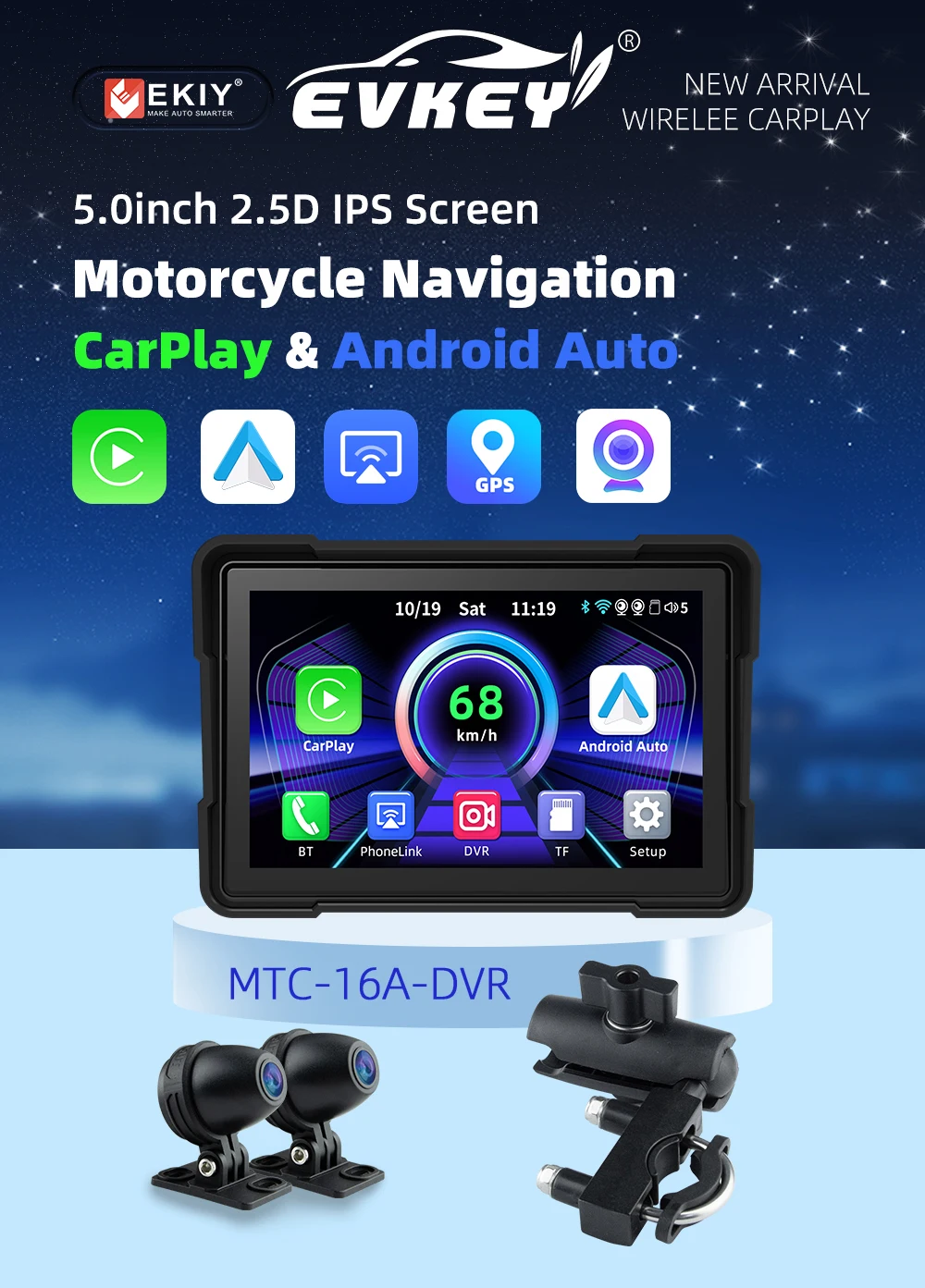 EVKEY Carplay Display Screen Portable Motorcycle Android Auto GPS 5 inch New Design MOTO Navigation Speed GPS Accessories