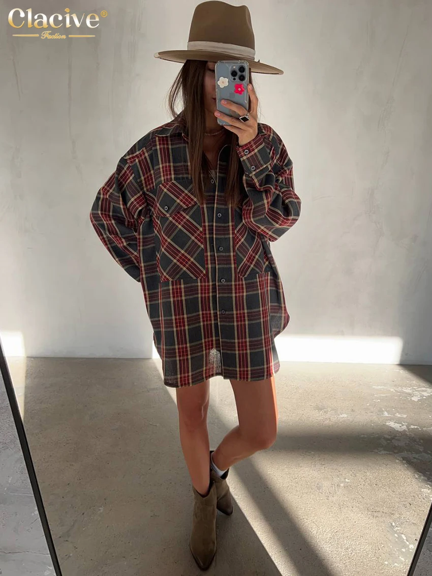 Clacive Fashion Loose Plaid Women Shirts 2023 Elegant Lapel Long Sleeve Office Lady Shirts & Blouses Vintage Classic Top Female