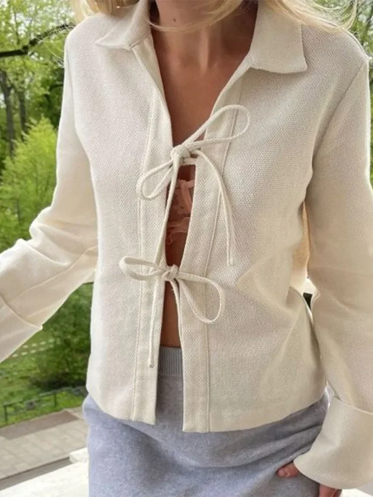 Front Tie-up White Women Coat 2024 Spring Y2k Turn-down Collar Flare Sleeve Hollow Out Cardigans Female Sexy Casual Street Top