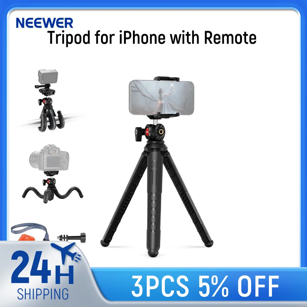 NEEWER Tripod for iPhone with Remote,Mini Flexible Phone Tripod Stand Vlog Selfie Stick with Phone Holder& Action Camera Adapter