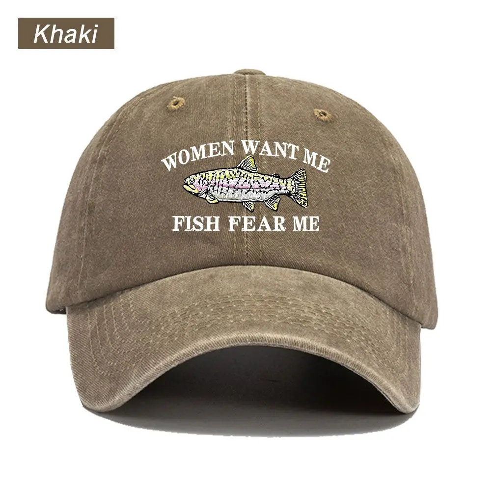 Vintage Washed Baseball Cap Women Want Me Fish Fear Me Print Graphic Unisex Streetwear Casual Trucker Style Summer Cotton Hat