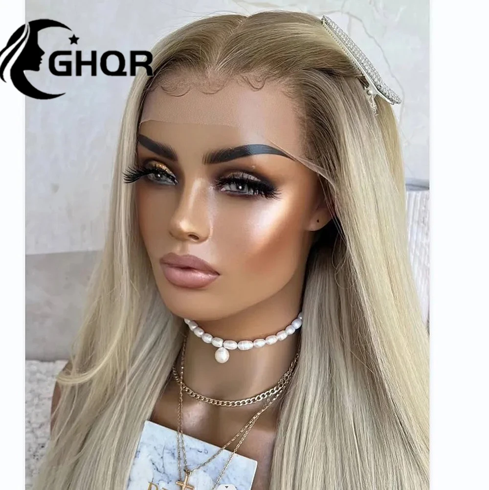 Platinum Blonde Straight Lace Front Full lace Wig Brown Roots HD Transparent Lace Forntal Wig Brazilian Virgin Human Hair Wigs