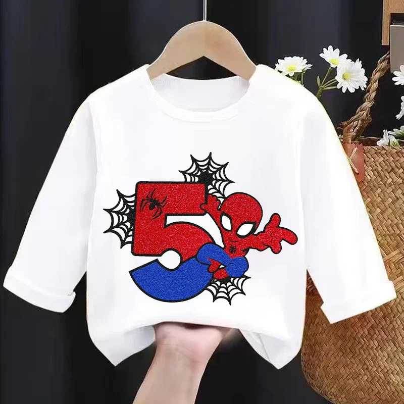 New Spider Children Long Sleeves T-shirts Cartoon Birthday Number Printed T-shirt Kids Casual Sport Tops Baby Boys Clothes view 4