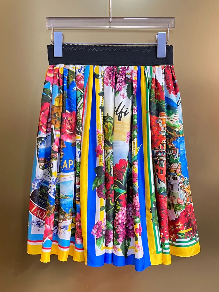 AELESEEN High Quality 100% Silk Skirt Sicilian Summer Runway Fashion Colorful Flower Print Letters Waist Elastic Mini Casual