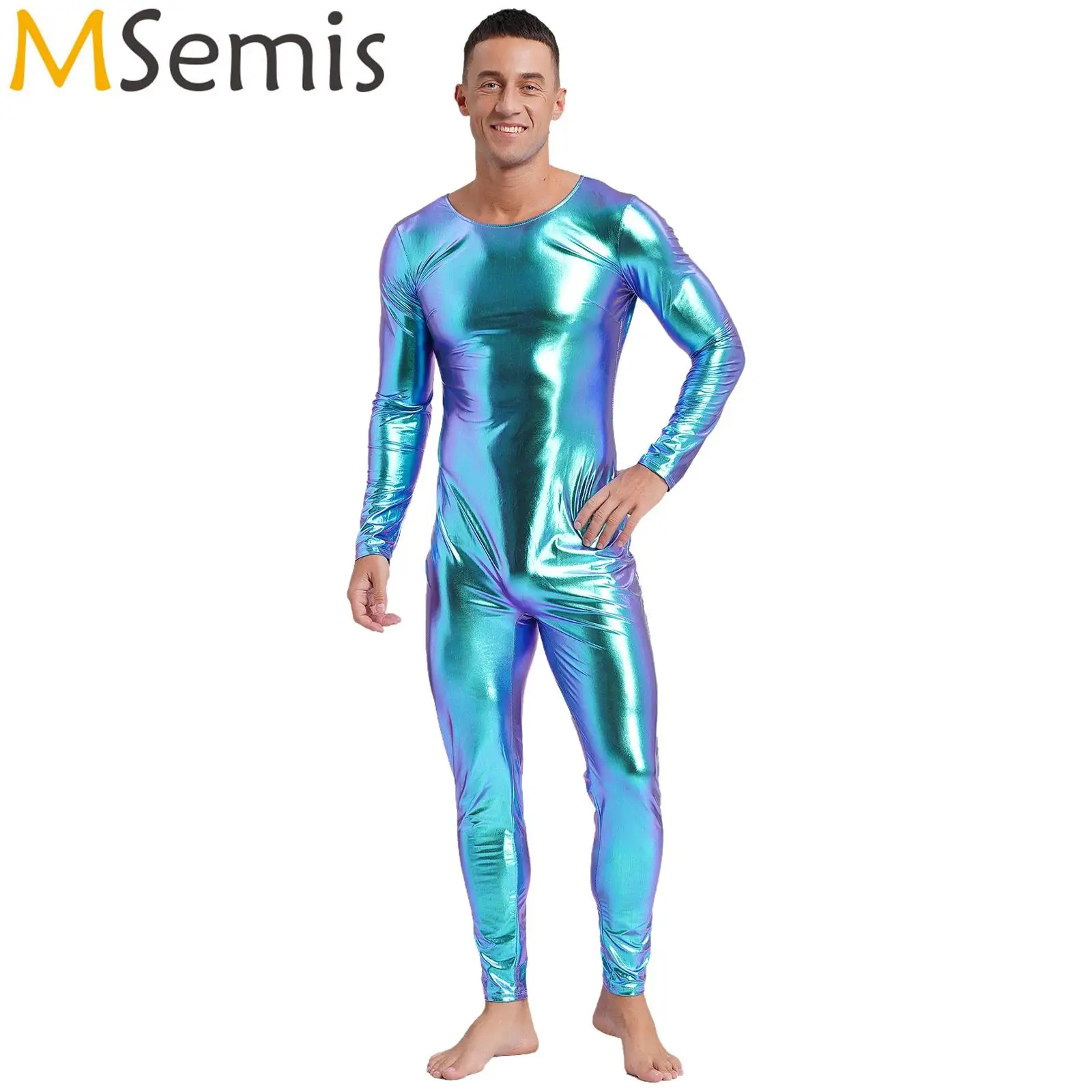 Masculino metálico brilhante unitard ballet dancewear em torno do pescoço manga longa fino ajuste corpo inteiro bodysuit macacão trajes de uma peça