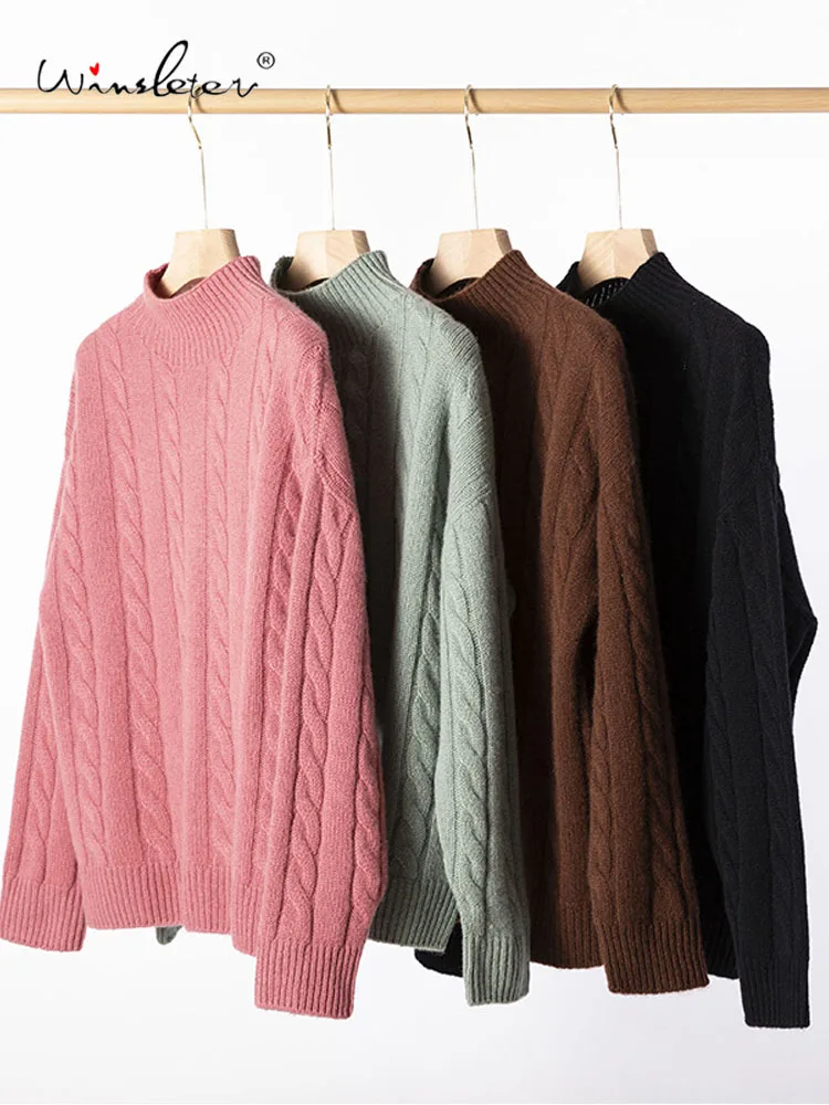 

Winsleter-100%Cashmere Elegant Sweater, Women Long Sleeve Mock Neck Solid, Basic Thick Warm Knit Sweater, 2025 Autumn T58332CC