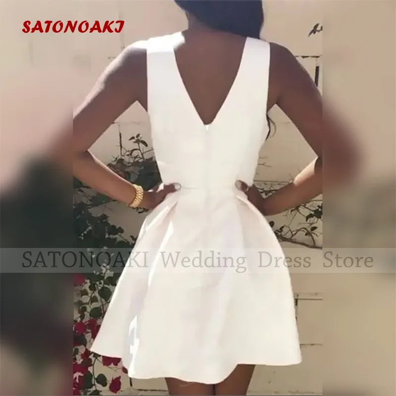 Elegant Sexy V-Neck Mini Satin Short Wedding Dresses for Women A-Line Backless Sleeveless Bridal Gown Vestido De Novia Custom