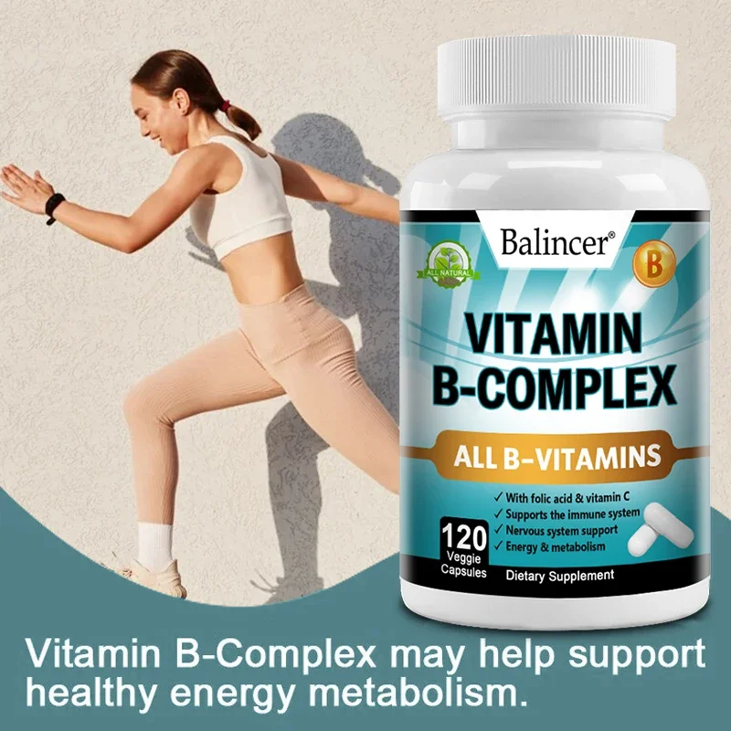 Cápsulas complejas de vitamina B: suplementos de ácido fólico y vitamina C ayudan a el sistema inmunológico, la salud neuronal, la energía y el metabolismo