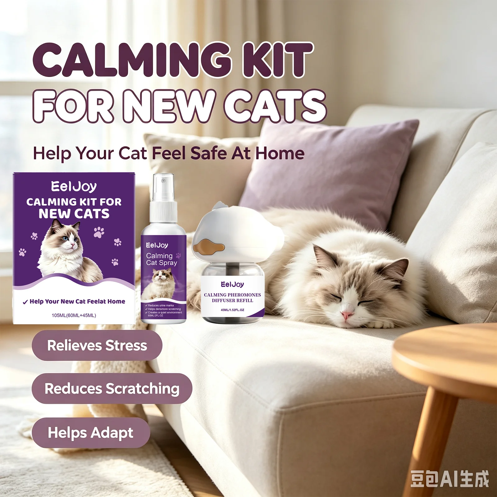 3-in-1 Cat Calm Pheromone Diffuser Kit Relieve Cat Anxiety Reduce Scratch Behavior Help Cat Adapt Home Emotional Soothing Device