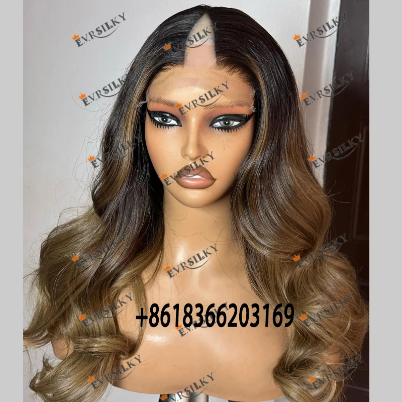 Peruvian Remy 100%Human Hair Ombre Ash Brown Loose Wavy 1x4 Size V Part Wigs with Clips Highlight Light Brown Opening U Part Wig