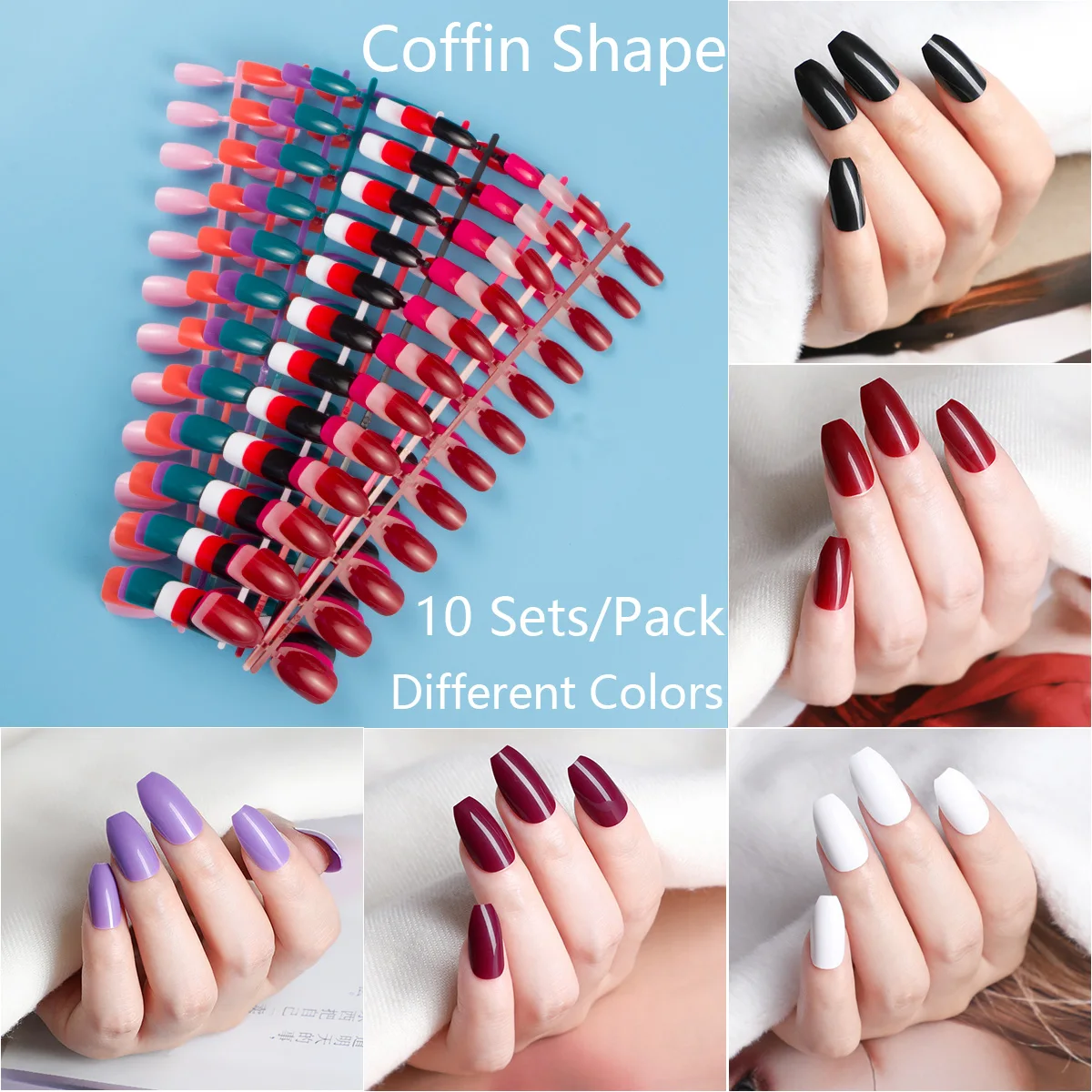 Coffin Ballerina Shape 10 Sets Soild Color False Nail Tips 24pcs/Set 10 Sizes Full Cover Press on Fake Nail Manicure Kit