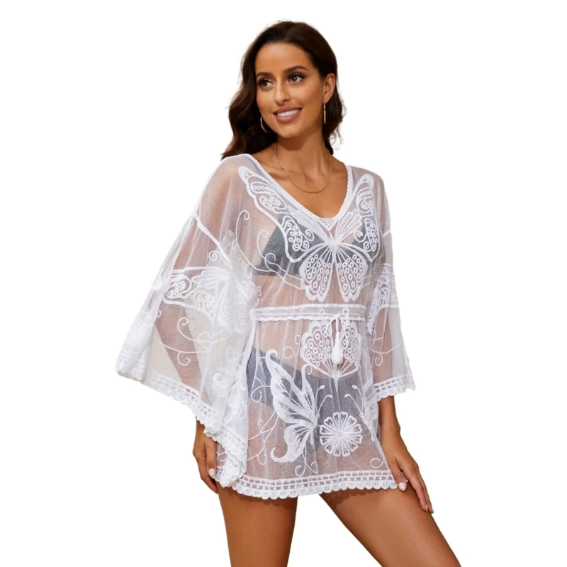 Women\'s Sexy Butterfly Swimsuit Cover Ups Casual See Through Sheer Mesh Short Mini Dress for Swimwear