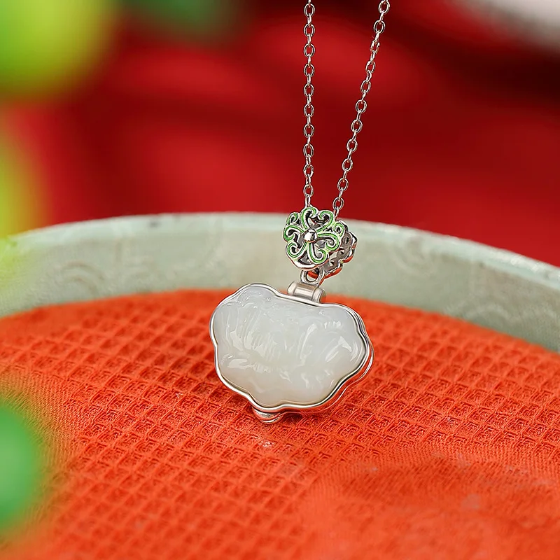 S925 Hetian jade new- wishful sachet ethnic style silver pendant