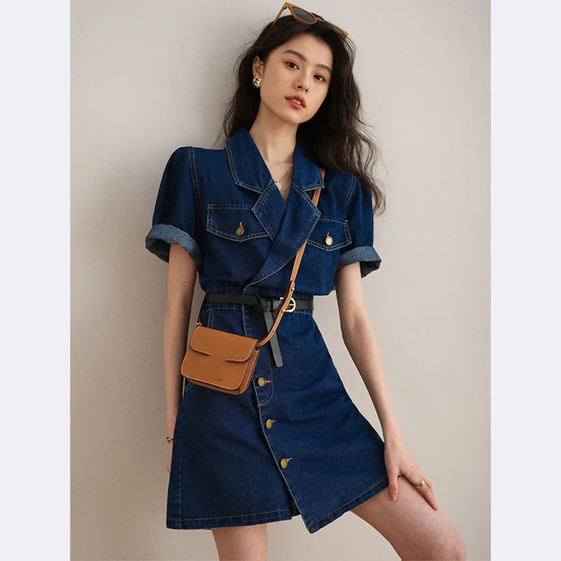 Women Summer V-neck Denim Dress With Belt Decor Single Breasted Style Blue Jean Dresses Turn-down Collar A-line Short Vestidos