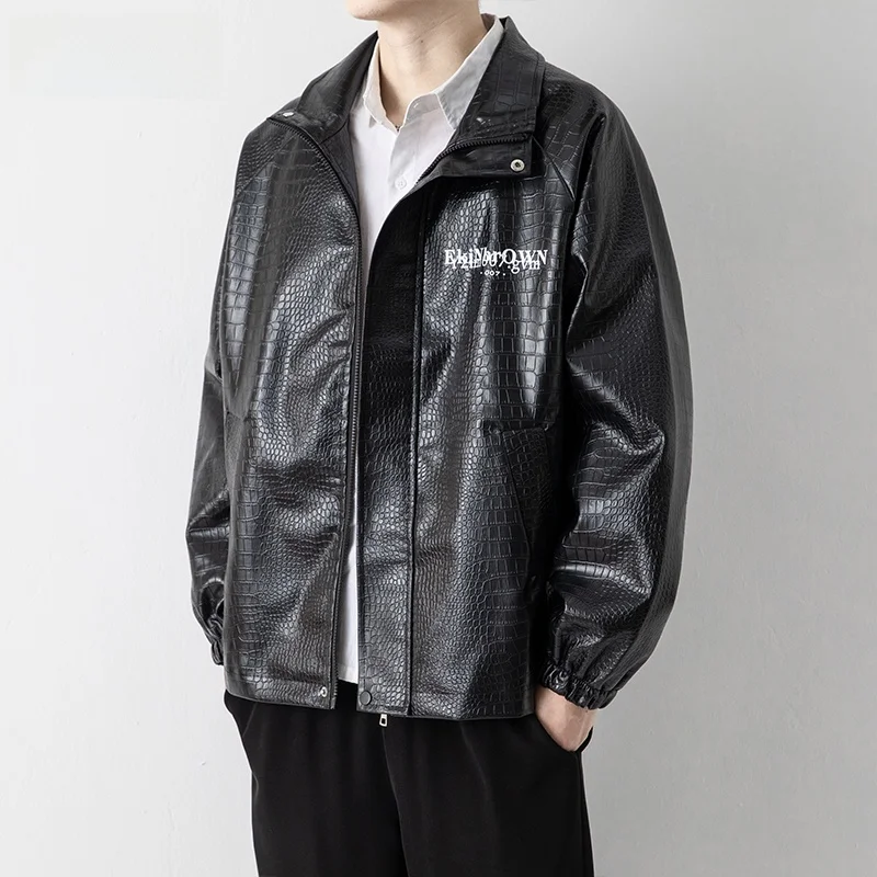 

Loose Men's Leather Jacket Crocodile Pattern Casual Style Baseball Coat Autumn Fashion Brand Motorcycle Jacket Youth