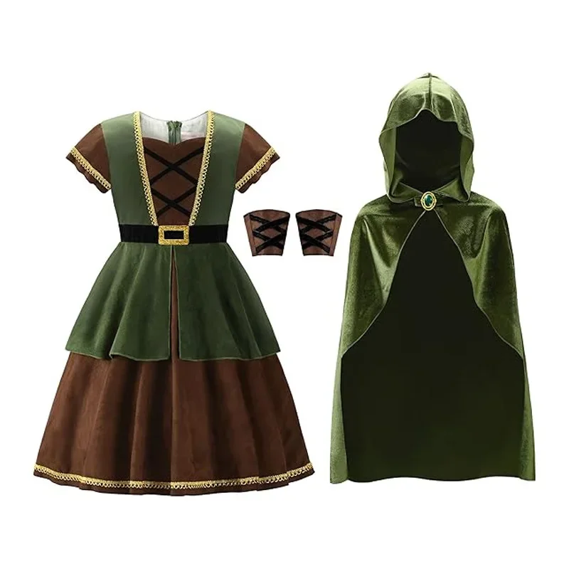 Kids Medieval Hood Cloak Dress With Wrist Guards Girls Green Witch Wizard Elf Cosplay Costume Halloween Carnival Party Outfits