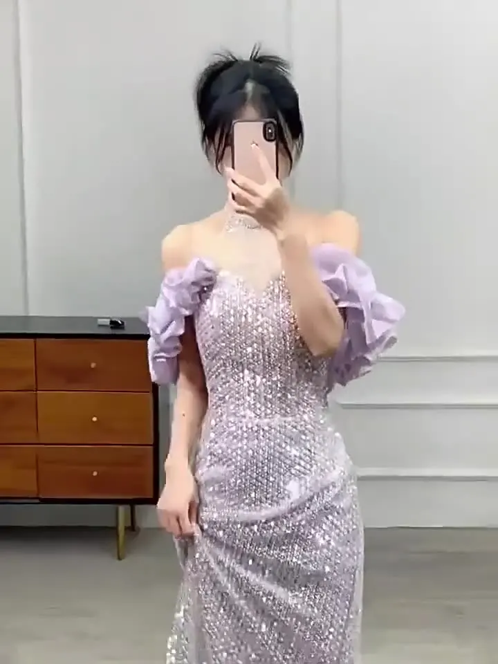 

Exqusite Lavender Sequins Mermaid Evening Dresses Sexy Halter Ruffles Sleeveles Long Party Shiny Women Formal Prom Toast Gown