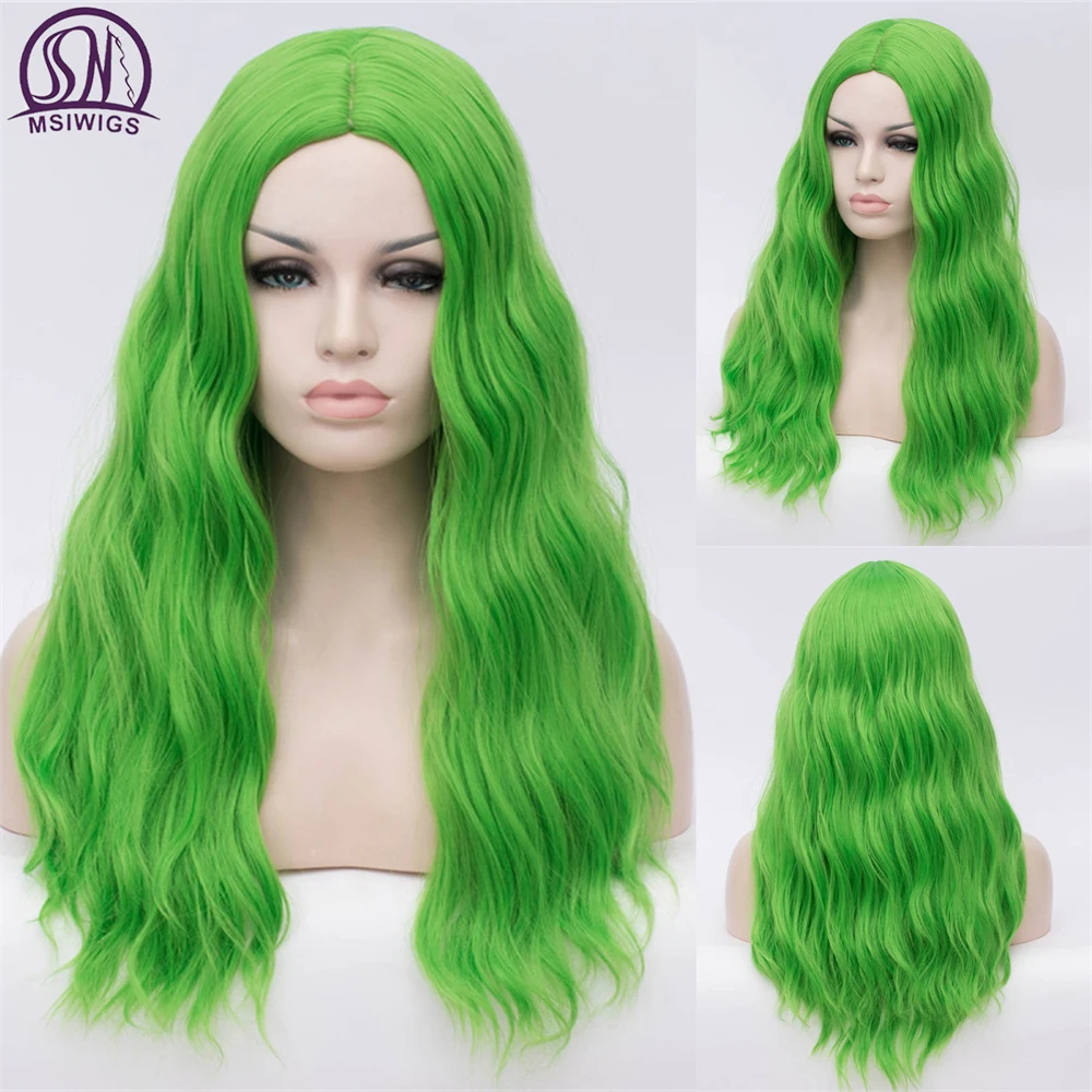 MSIWIGS Wavy Synthetic Wigs for White Black Women Long Green Middle Line Red Wig Cosplay Heat Resistant Rose Net