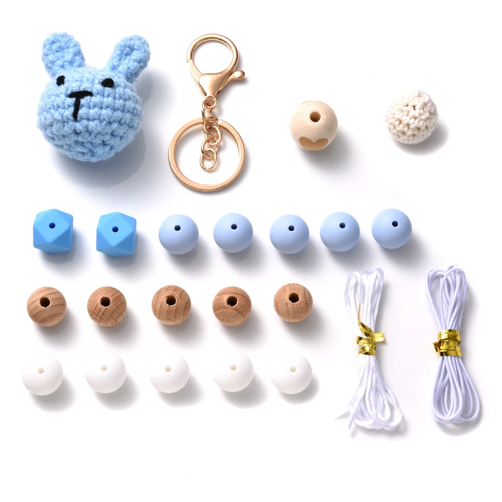 Handmade Crochet Plush Ball Silicone Bead Wood Bead Combination Baby Teething Toy Pacifier Teether DIY Necklace Accessories