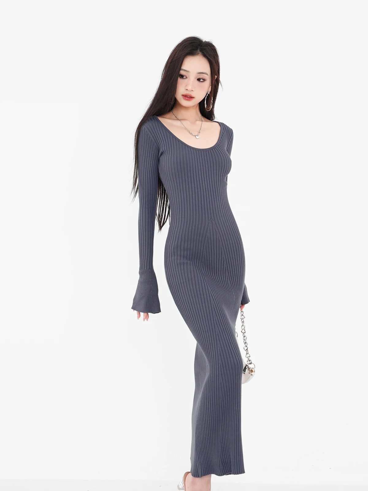 Vestido de manga comprida com decote em v com cauda de peixe para meninas, vestido picante e tricotado, alto-falante, americano, outono e inverno, G09C