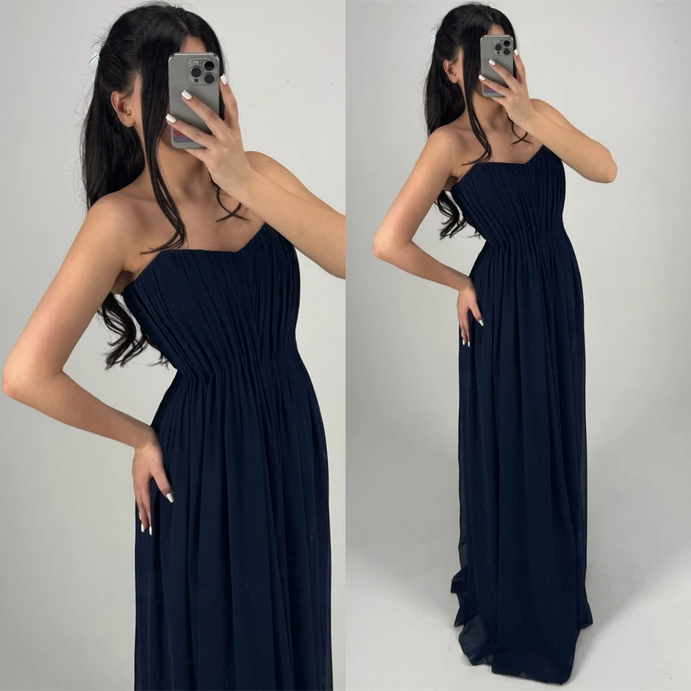 

Customized Classic Chiffon Evening Dress Fashion Sweep Train Strapless Prom Dresses Delicate Sleeveless Special Occasion Gowns