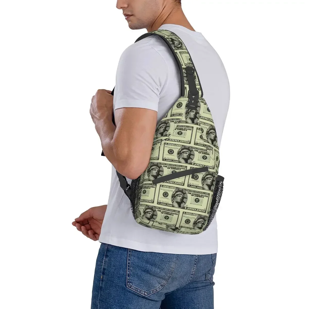 1000 Dollar Bill Crossbody Sling Bag Small Chest Bag Money Pattern Shoulder Backpack Daypack for Hiking Travel Travel Bag