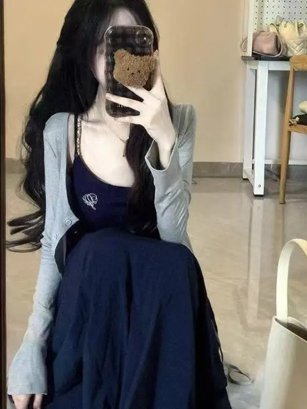 

Korean Style Long A-Line Dress Women's Summer 2025 New Waist-Cinching Cardigan Set Elegant Casual Breathable Polyester Fiber