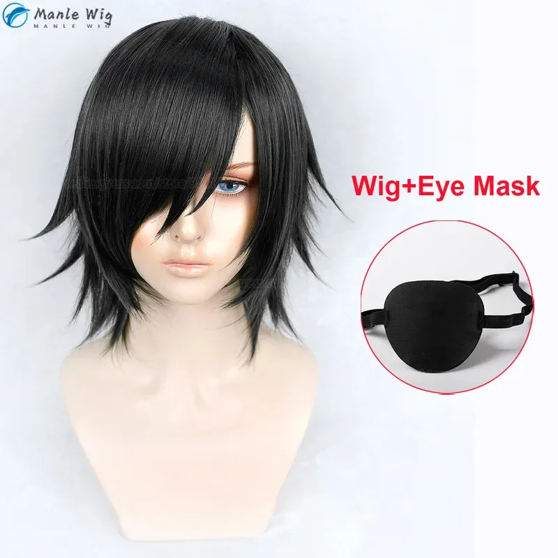 qq681Anime COS Cosplay Capelli neri resistenti al calore con occhi Patch Festa di Halloween Parrucche Himeno + Cappellino per parrucca