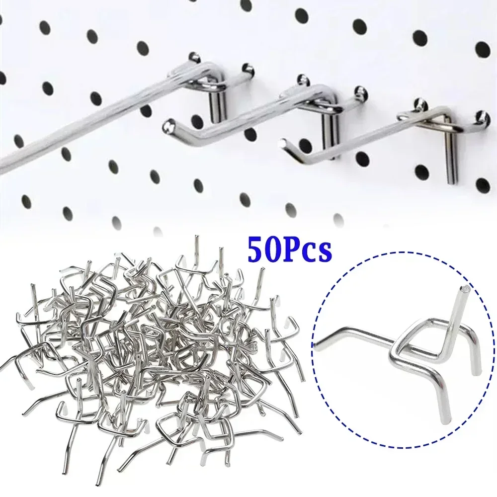 50Pcs Hooks Shelf Pegboard Iron Wire-wrap Board Silver Hole Plate Kitchen Garage Work Shop Hold Arm Storage Display Holder 3.3mm