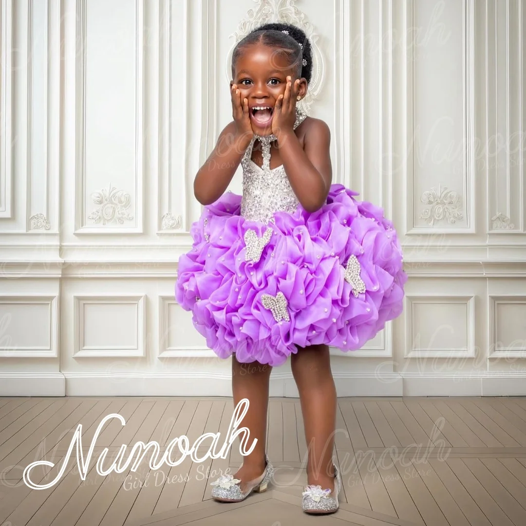 

Purple Ruffles Flower Girl Dress For Wedding Beaded Girl Birthday Party Gowns Sleeveless First Holy Communion Gown Customized
