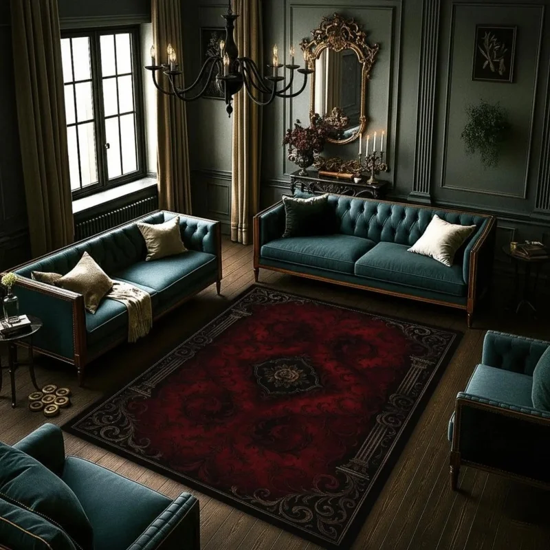 Dark Red Vintage Floral Black Border Large Felt Area Rug Non Slip Gothic Retro Living Room Floor Carpet