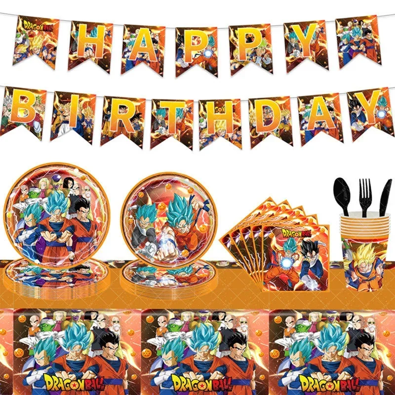 Tema de Dragon Ball Goku, decoraciones para fiesta de cumpleaños para niños, juego de vajilla, globos, telón de fondo, suministros para fiesta de