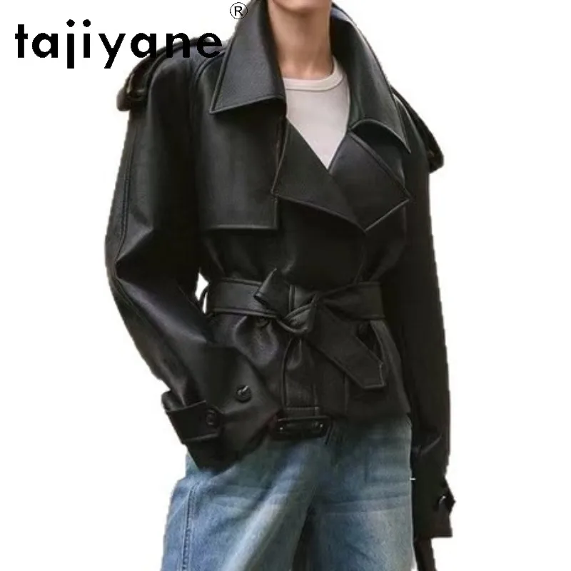 TAJIYANE Genuine Leather Jacket Women Deer Grain Goatskin Black Jackets Ladies Short Trench Coat Belted Outwear Padded Shoulder