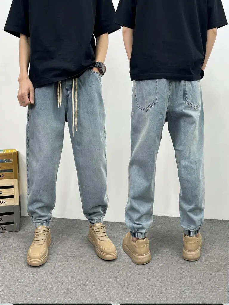 Bike Motorcycle Washed Blue Baggy Jeans Men Loose Harem Denim Joggger Pants Casual Trousers Vintage Sport Elastic waist