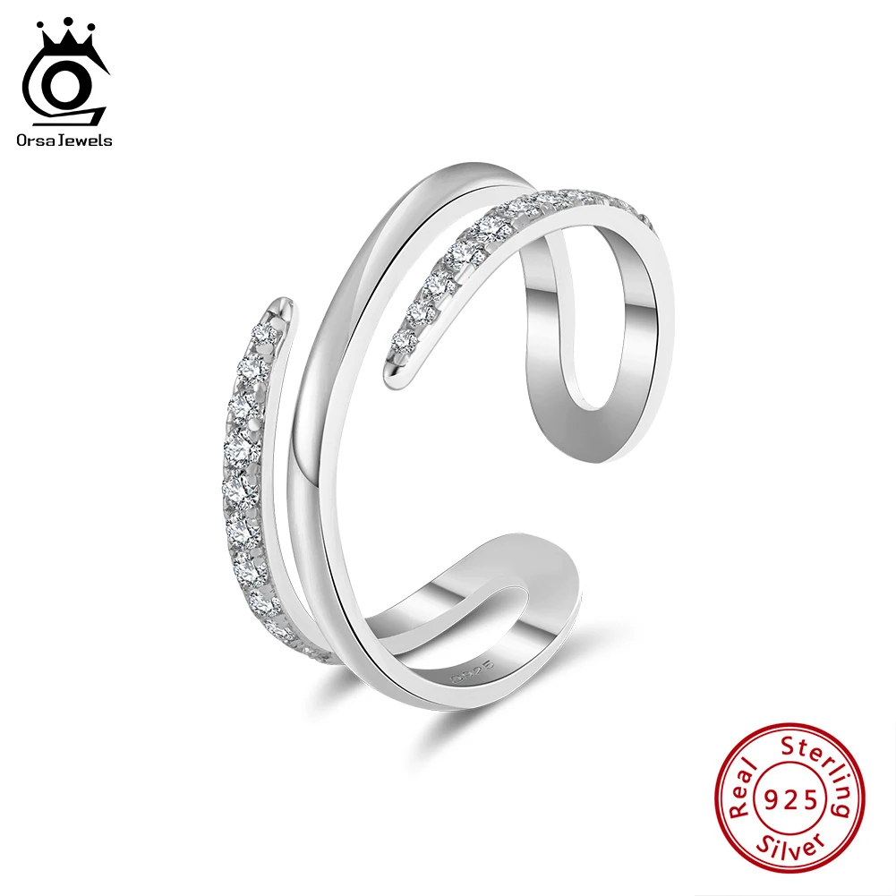 

ORSA JEWELS Exquisite 925 Sterling Silver Line Layer Couple Opening Rings 5A Zirconia Women Classic Finger Ring Jewelry APR35