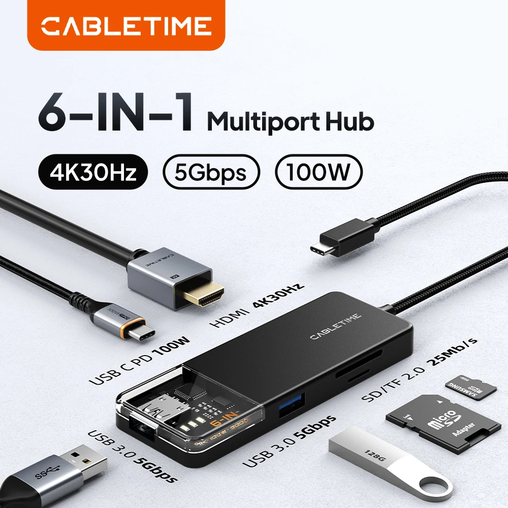 CABLETIME 6 in 1 USB A HUB USB 3.0 Adapter HDMI Multi port 4K@30Hz Steam Dock SD/TF Card Charging Station for Laptop Macbook