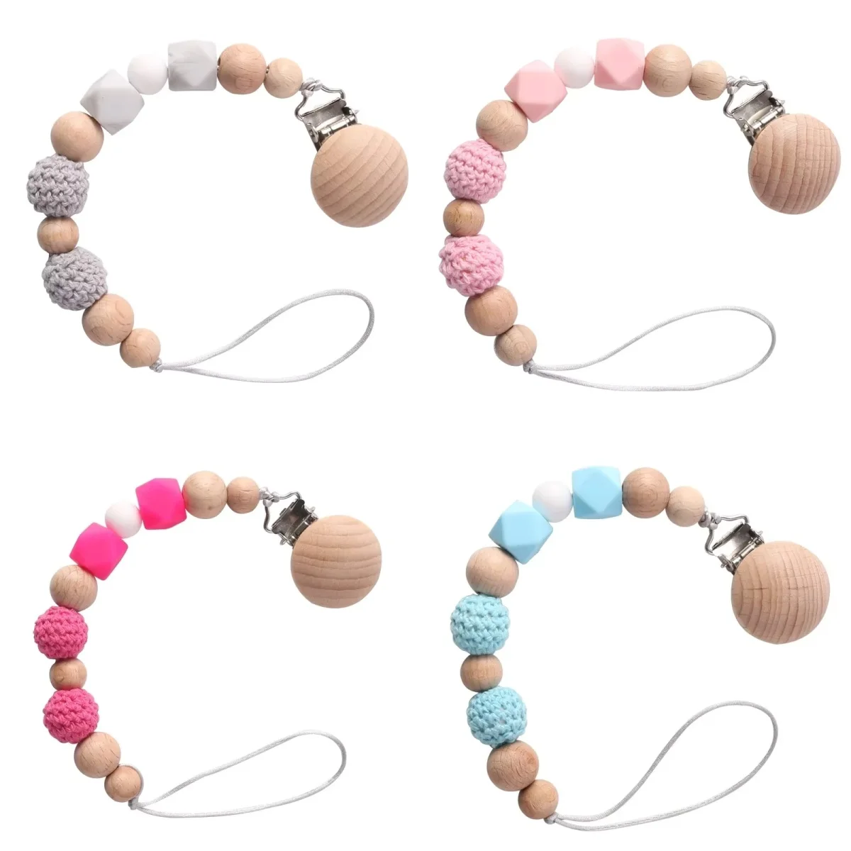 Holz Silikon Baby Schnuller Clips mit Häkeln Perlen Beißring Beruhigen Spielzeug Anti-Drop Nippel Halter Kette Neugeborenen Zubehör