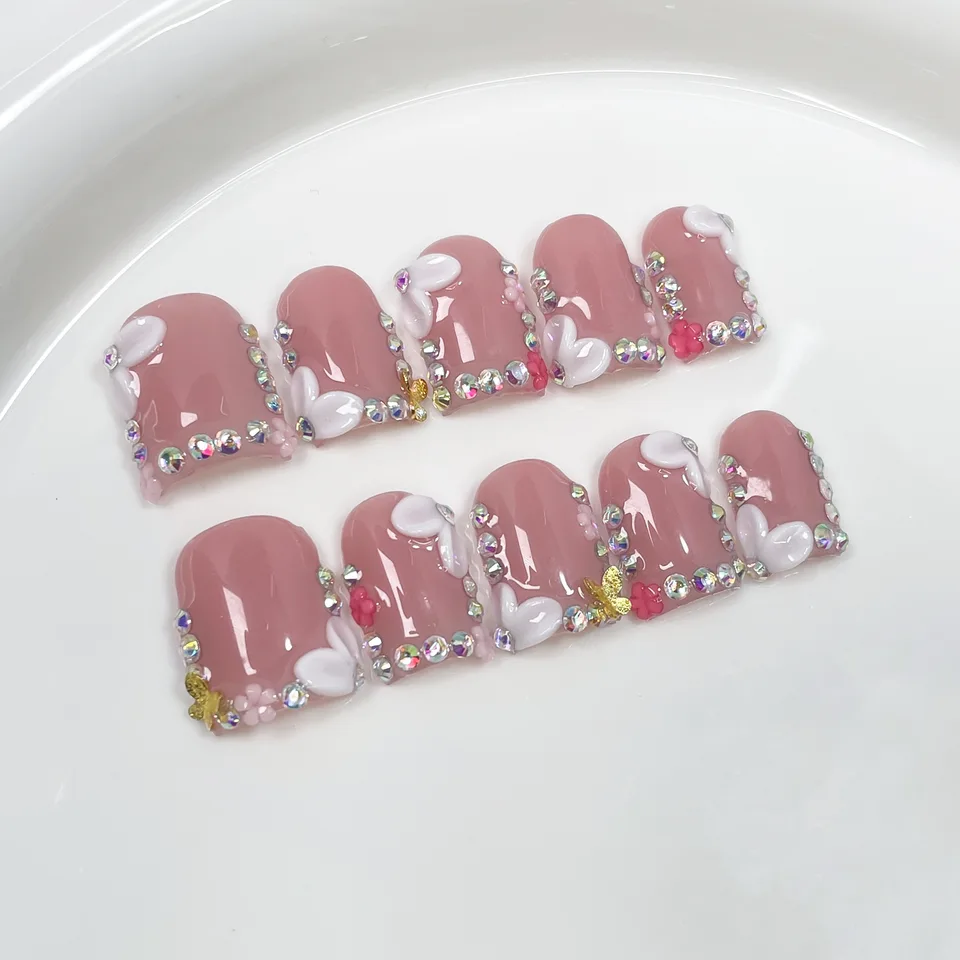 10 Piezas Uñas Postizas Francesas Cortas y Cuadradas Hechas a Mano, Uñas de Otoño con Decoraciones Metálicas 3D de Flores, Uñas Falsas 4