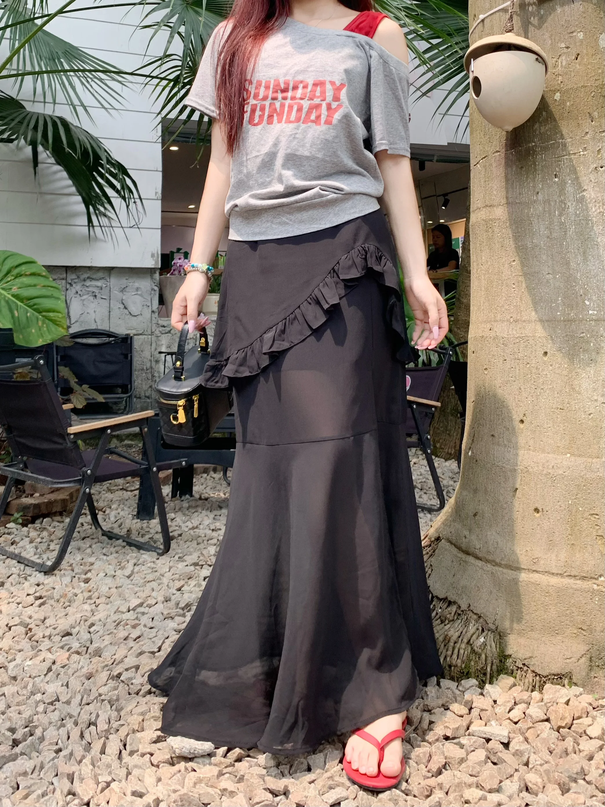 

Elegant Slimming A-Line Skirt with Wood Grain Ruffle Side Split for Women Summer High Waist Flounce Hem Casual Loose Fit