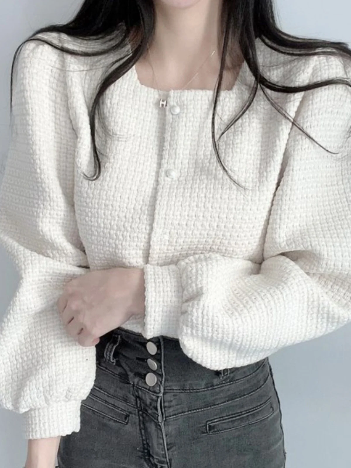 

Style Women's Outerwear Square Collar Bubble Sleeve Open Cardigan Black Top Fashionable Elegant Spring Coat