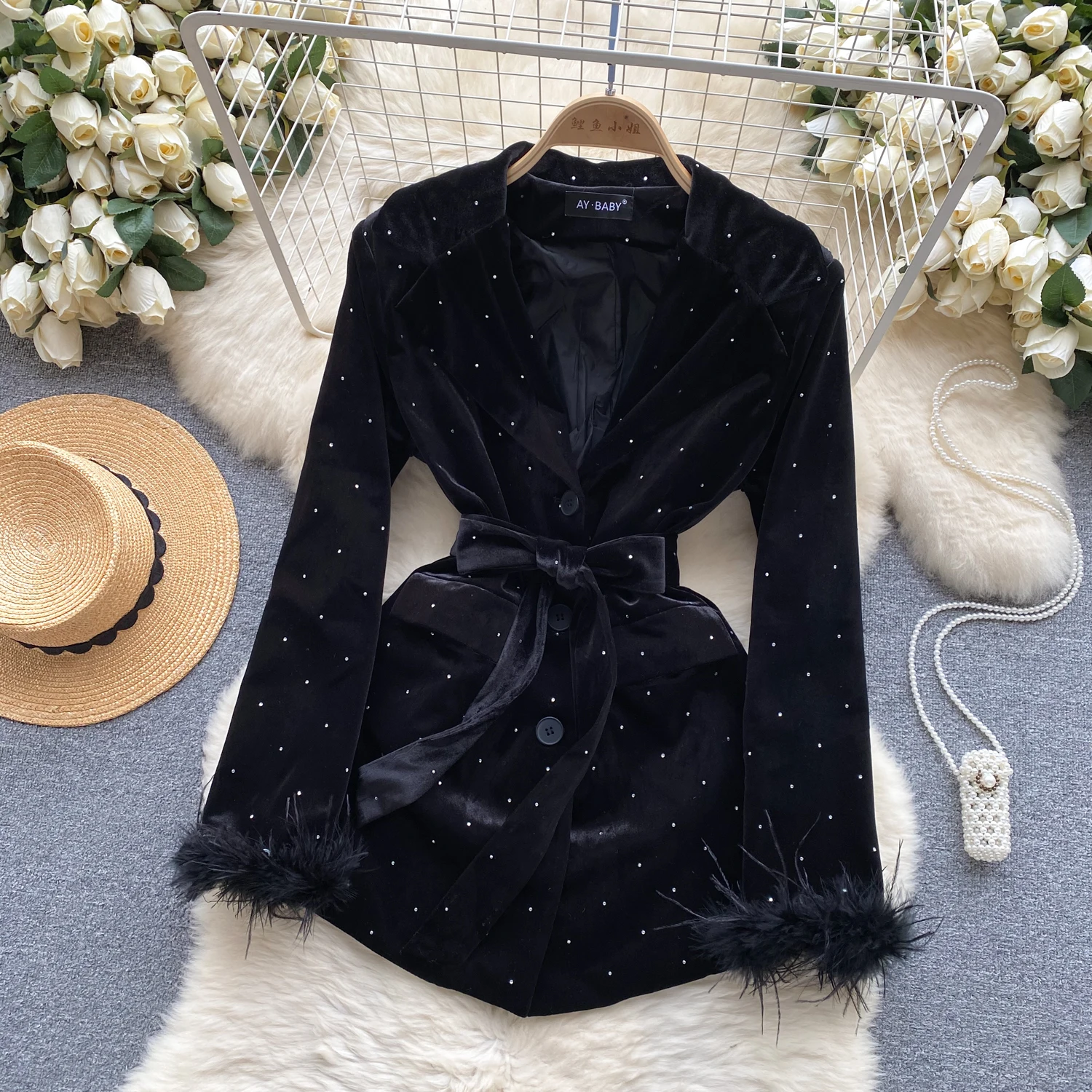 Vintage Rhinestone Button Casual Notched Collar Bandage Women Chic Coat High Street Korean Office Lady Autumn Winter Clothing