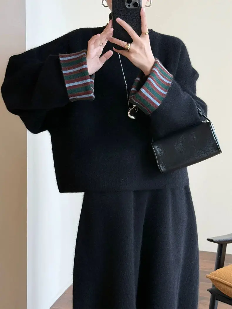 

Модный полосатый свитер больших размеров для женщин, осенне-зимний, свободный, универсальный, вязаный топ с цветовыми блоками, повседневный стиль