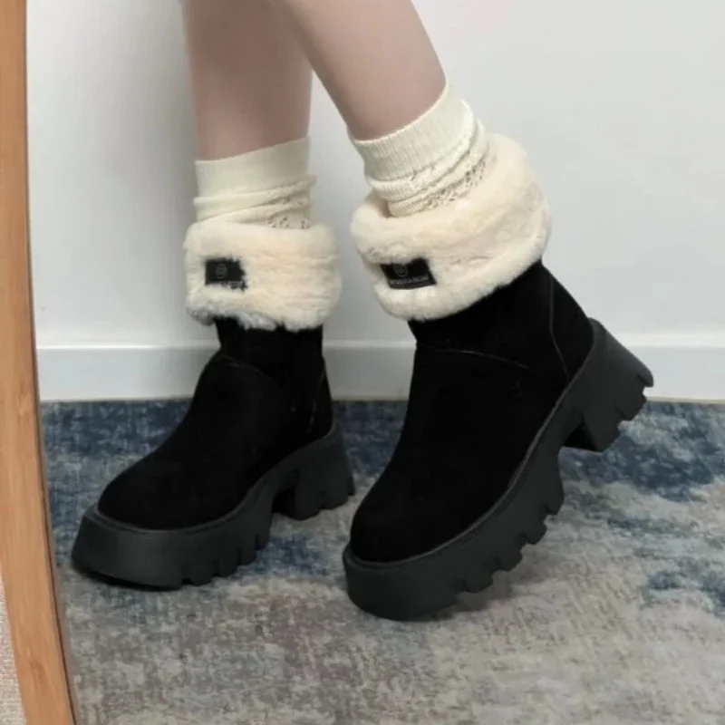 

Winter Women's Snow Boots Fleece Lining Thickened Non-slip Cotton Shoes Elastic Fabric 2024 New Thick Heel Round Toe Retro Style