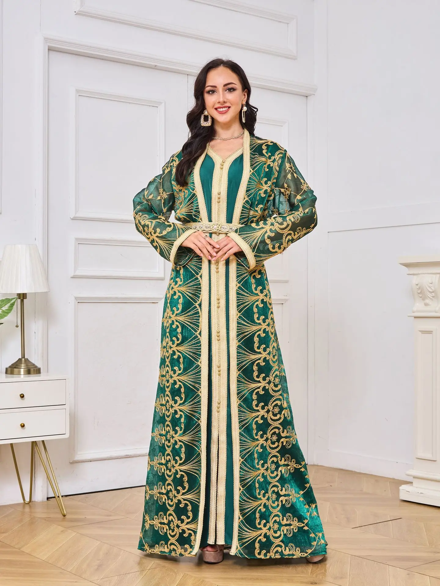 

Green Abaya Suits Dubai Party Dresses Eid Women Muslim Embroidery Maxi Morocco Gown 2 Pc Sets Islamic Arab Robe Kaftan Musulman