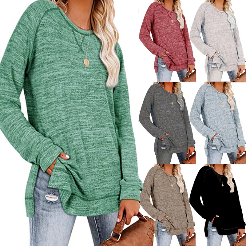 

Women Sweatshirts Solid Color Sweatshirt Round Neck Long Sleeves Hoodies with Slit Top Autumn Winter 2024 New Casual Loose Tops