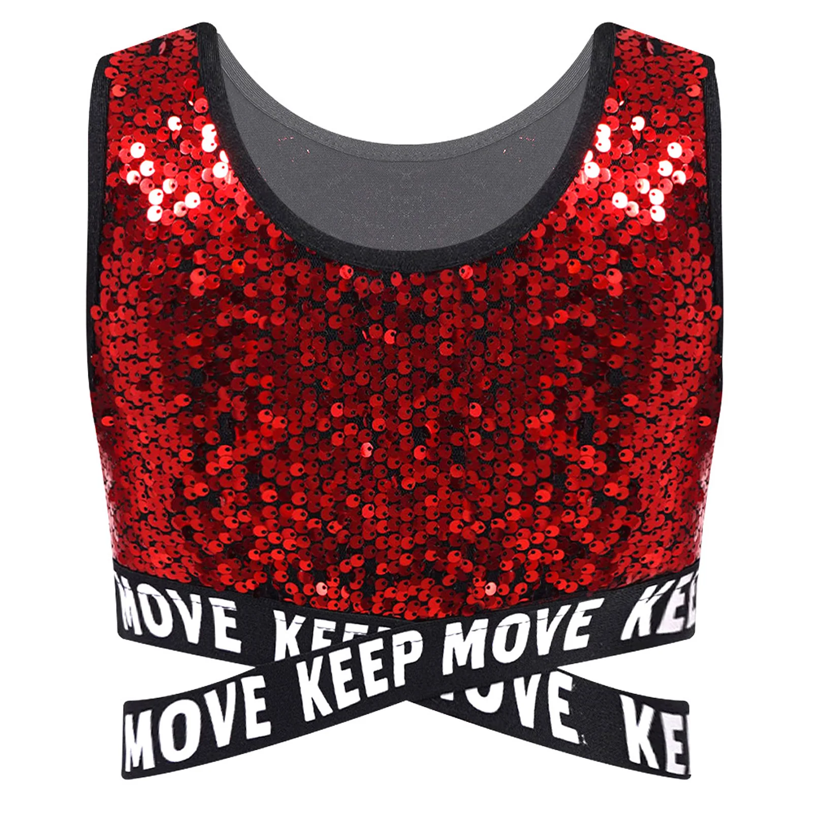 Kids Girls Sparkling Sequin Jazz Dance Performance Hip-hop Tops Costume Sleeveless Round Neck Criss-cross Waistline Crop Top